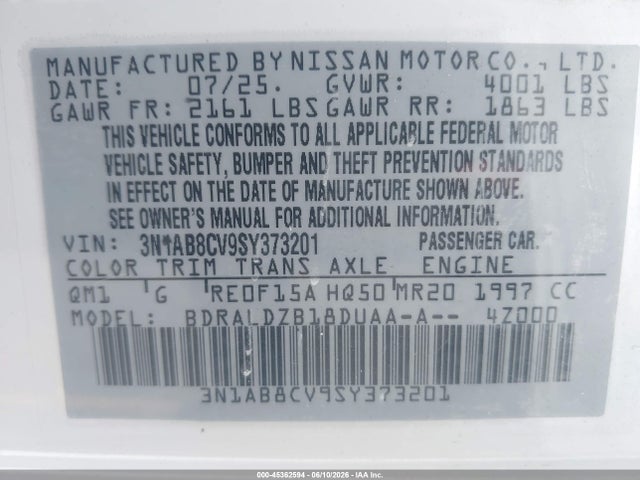 3N1AB8CV9SY373201 Nissan SENTRA SV