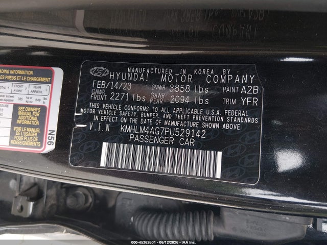 45362601 :رقم المزاد ، KMHLM4AG7PU529142 vin ، 2023 Hyundai Elantra Sel مزاد بيع