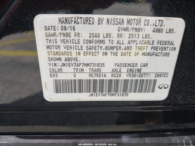 Продажа на аукционе авто 2017 Infiniti Q50 3.0t Premium, vin: JN1EV7AP7HM731835, номер лота: 45362603