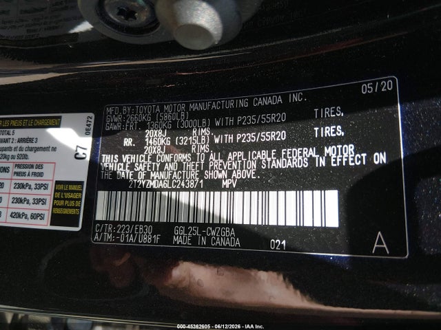 45362605 :رقم المزاد ، 2T2YZMDA6LC243871 vin ، 2020 Lexus Rx 350 F Sport Performance مزاد بيع