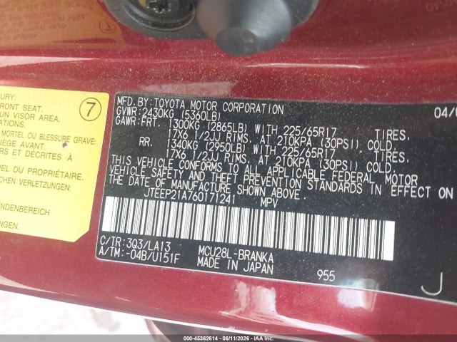 45362614 :رقم المزاد ، JTEEP21A760171241 vin ، 2006 Toyota Highlander Limited V6 مزاد بيع