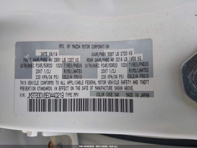 2014 Mazda Cx-9 Grand Touring მანქანა იყიდება აუქციონზე, vin: JM3TB3DV6E0440219, აუქციონის ნომერი: 45362639