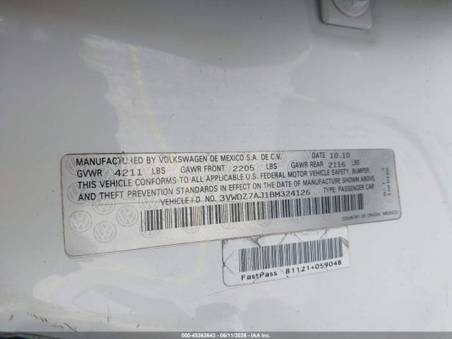 2011 Volkswagen Jetta 2.5l Se მანქანა იყიდება აუქციონზე, vin: 3VWDZ7AJ1BM324126, აუქციონის ნომერი: 45362643