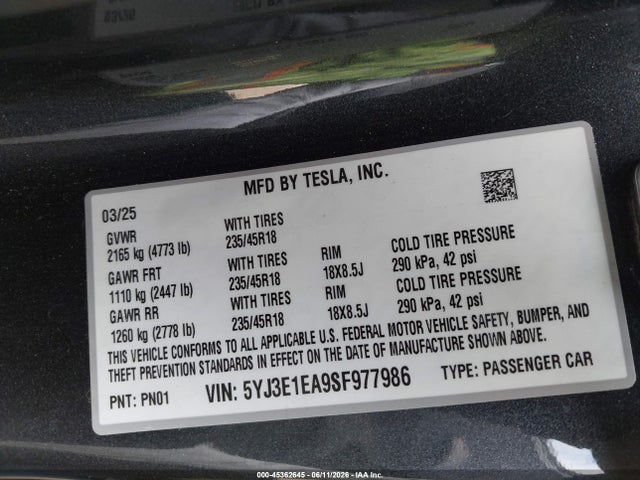 Aukcja sprzedaży 2025 Tesla Model 3 Long Range Rear-wheel Drive/standard Rear-wheel Drive, vin: 5YJ3E1EA9SF977986, numer aukcji: 45362645