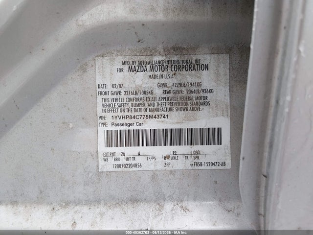 Aukcja sprzedaży 2007 Mazda Mazda6 I Sport Ve, vin: 1YVHP84C775M43741, numer aukcji: 45362703
