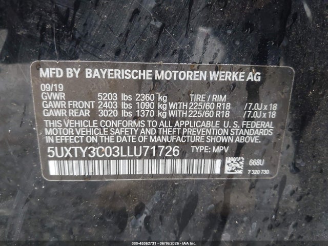 BMW X3 Sdrive30i 2020 5UXTY3C03LLU71726 Image 9