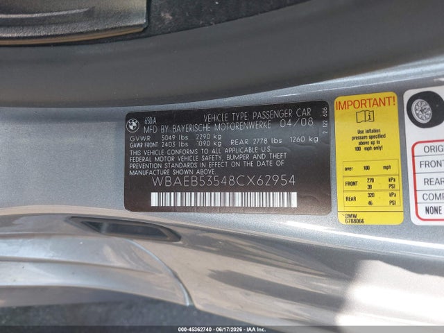45362740 :رقم المزاد ، WBAEB53548CX62954 vin ، 2008 Bmw 650i مزاد بيع