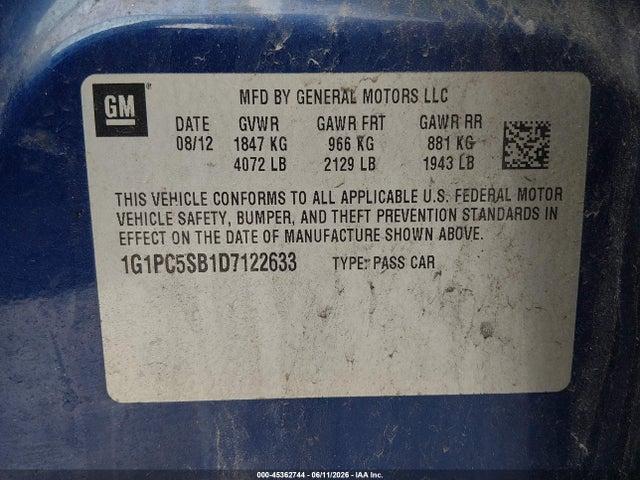 45362744 :رقم المزاد ، 1G1PC5SB1D7122633 vin ، 2013 Chevrolet Cruze 1lt Auto مزاد بيع