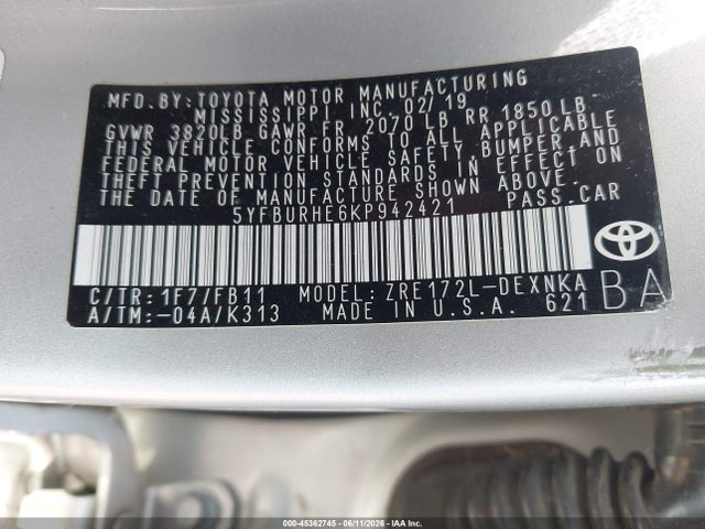 2019 Toyota Corolla Le მანქანა იყიდება აუქციონზე, vin: 5YFBURHE6KP942421, აუქციონის ნომერი: 45362745