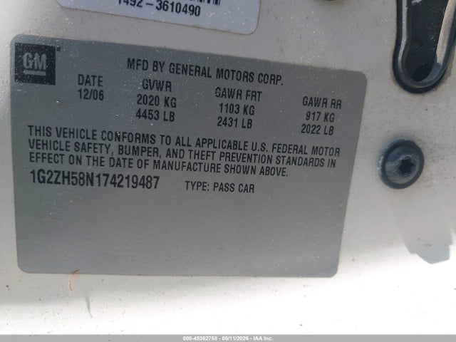 45362758 :رقم المزاد ، 1G2ZH58N174219487 vin ، 2007 Pontiac G6 Gt مزاد بيع