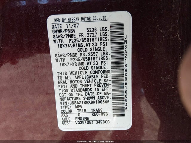 Продажа на аукционе авто 2009 Nissan Murano S, vin: JN8AZ18WX9W100646, номер лота: 45362761