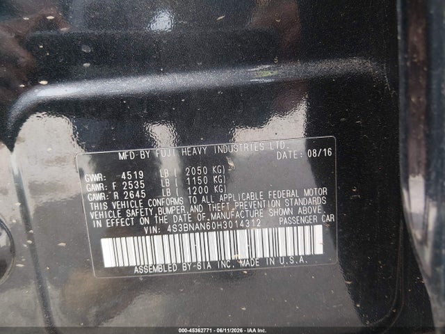 45362771 :رقم المزاد ، 4S3BNAN60H3014312 vin ، 2017 Subaru Legacy 2.5i Limited مزاد بيع