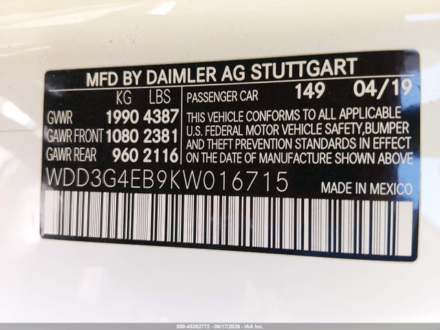 Aukcja sprzedaży 2019 Mercedes-benz A 220, vin: WDD3G4EB9KW016715, numer aukcji: 45362772