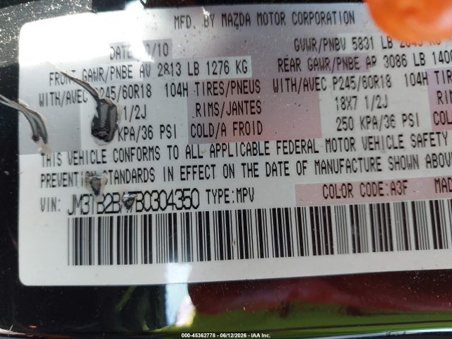 Aukcja sprzedaży 2011 Mazda Cx-9 Sport, vin: JM3TB2BA7B0304350, numer aukcji: 45362778