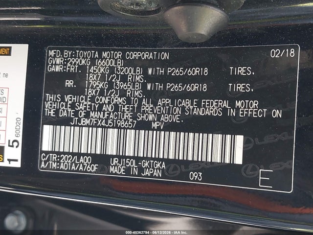 45362794 :رقم المزاد ، JTJBM7FX4J5198657 vin ، 2018 Lexus Gx 460 مزاد بيع