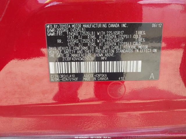 2012 Toyota Rav4 Limited მანქანა იყიდება აუქციონზე, vin: 2T3DF4DV4CW226538, აუქციონის ნომერი: 45362801