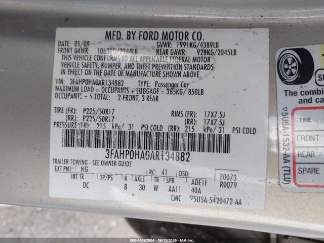 Aukcja sprzedaży 2010 Ford Fusion Se, vin: 3FAHP0HA0AR134882, numer aukcji: 45362804