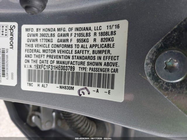 Aukcja sprzedaży 2017 Honda Civic Ex-t, vin: 19XFC1F31HE003789, numer aukcji: 45362808