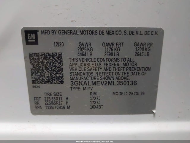 45362818 :رقم المزاد ، 3GKALMEV2ML350136 vin ، 2021 Gmc Terrain Fwd Sle مزاد بيع