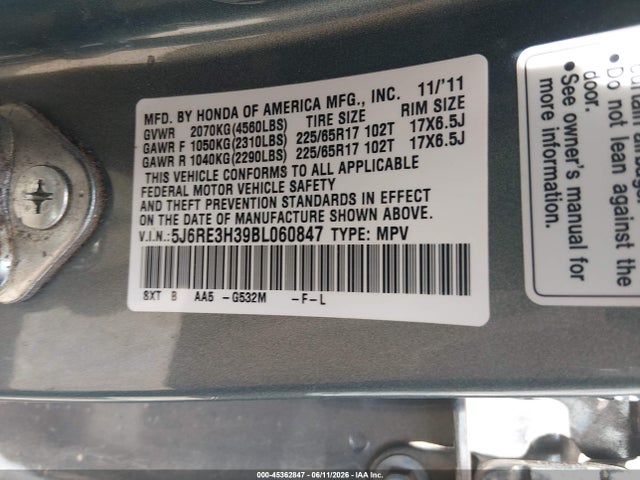 Продажа на аукционе авто 2011 Honda Cr-v Lx, vin: 5J6RE3H39BL060847, номер лота: 45362847