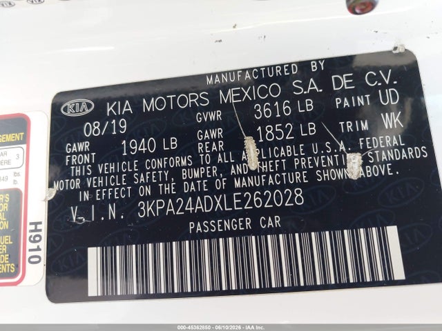 Aukcja sprzedaży 2020 Kia Rio S, vin: 3KPA24ADXLE262028, numer aukcji: 45362850
