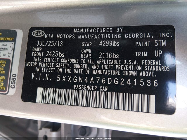 2013 Kia Optima Ex მანქანა იყიდება აუქციონზე, vin: 5XXGN4A76DG241536, აუქციონის ნომერი: 45362857