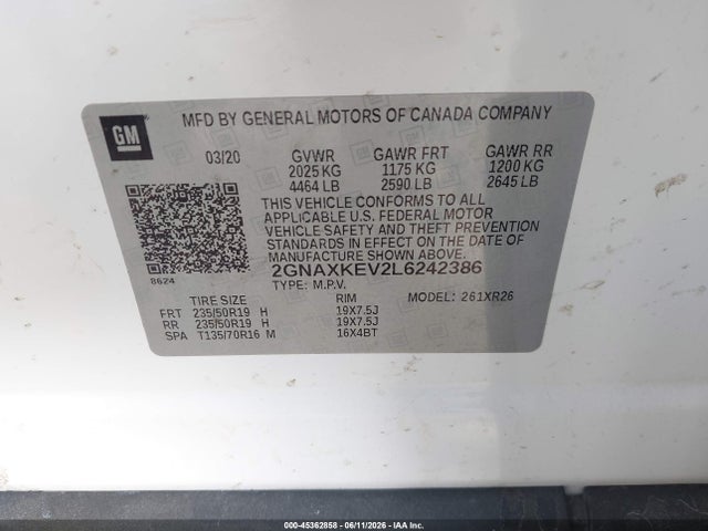 2GNAXKEV2L6242386 Chevrolet Equinox Fwd Lt 1.5l Turbo
