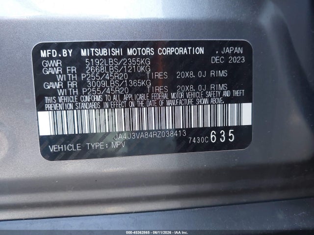 2024 Mitsubishi Outlander მანქანა იყიდება აუქციონზე, vin: JA4J3VA84RZ038413, აუქციონის ნომერი: 45362865