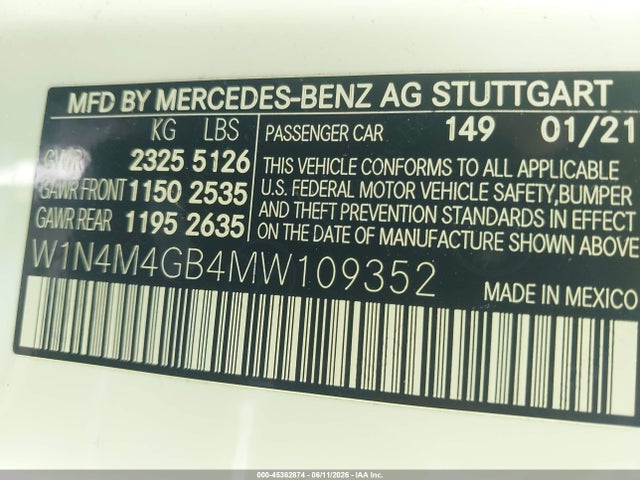 45362874 :رقم المزاد ، W1N4M4GB4MW109352 vin ، 2021 Mercedes-benz Glb 250 مزاد بيع
