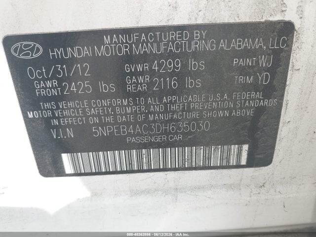 Продаж на аукціоні авто 2013 Hyundai Sonata Gls, vin: 5NPEB4AC3DH635030, номер лоту: 45362886
