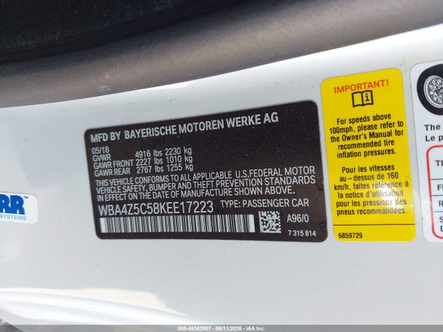 Продаж на аукціоні авто 2019 Bmw 440i, vin: WBA4Z5C58KEE17223, номер лоту: 45362907