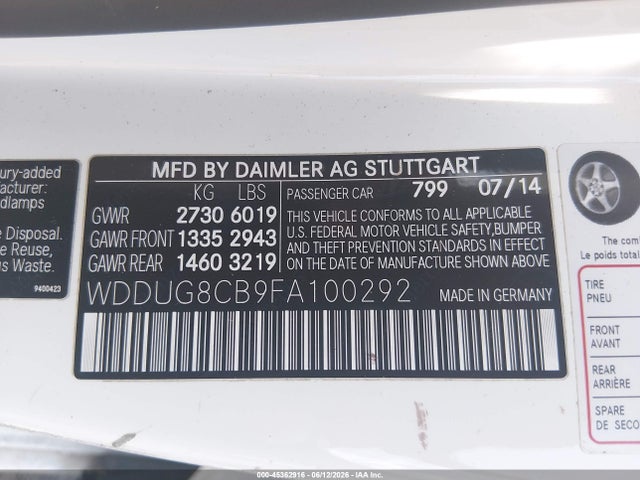 45362916 :رقم المزاد ، WDDUG8CB9FA100292 vin ، 2015 Mercedes-benz S 550 مزاد بيع
