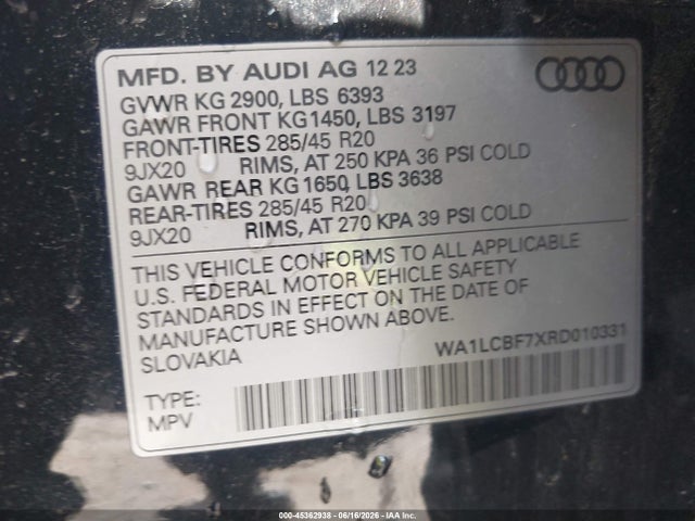 Aukcja sprzedaży 2024 Audi Q7 Premium Plus 45 Tfsi Quattro Tiptronic, vin: WA1LCBF7XRD010331, numer aukcji: 45362938