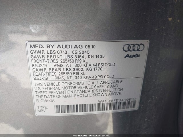 2010 Audi Q7 3.6 Premium მანქანა იყიდება აუქციონზე, vin: WA1LYBFE1AD008133, აუქციონის ნომერი: 45362947