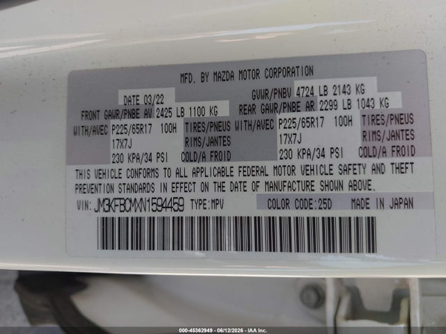 Aukcja sprzedaży 2022 Mazda Cx-5 2.5 S Preferred, vin: JM3KFBCMXN1594459, numer aukcji: 45362949