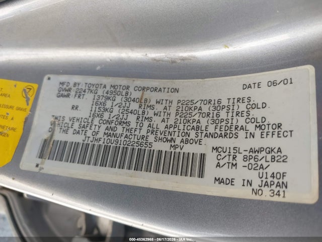 45362968 :رقم المزاد ، JTJHF10U910225655 vin ، 2001 Lexus Rx 300 مزاد بيع