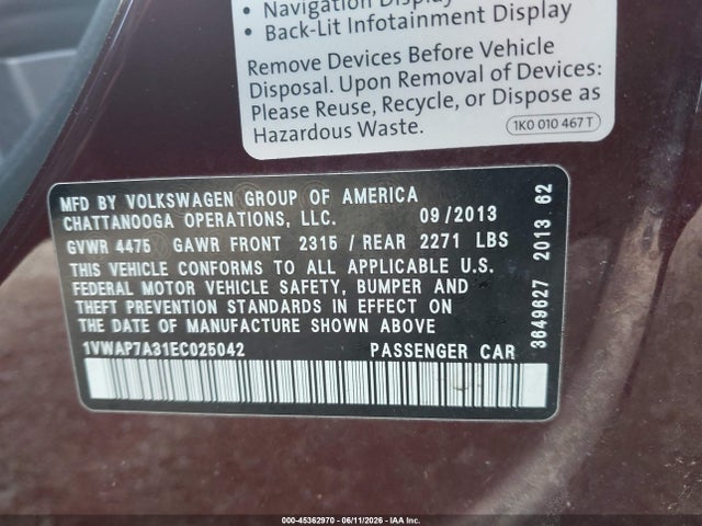 2014 Volkswagen Passat 2.5l S მანქანა იყიდება აუქციონზე, vin: 1VWAP7A31EC025042, აუქციონის ნომერი: 45362970