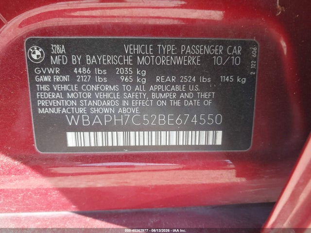 Продажа на аукционе авто 2011 Bmw 328i, vin: WBAPH7C52BE674550, номер лота: 45362977
