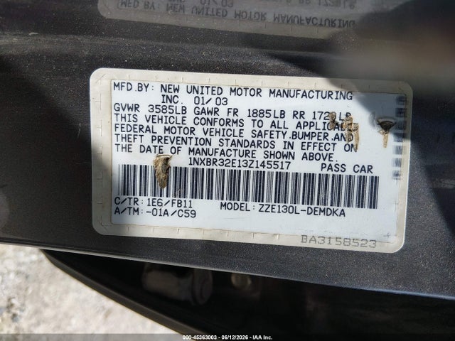 Продажа на аукционе авто 2003 Toyota Corolla Ce, vin: 1NXBR32E13Z145517, номер лота: 45363003