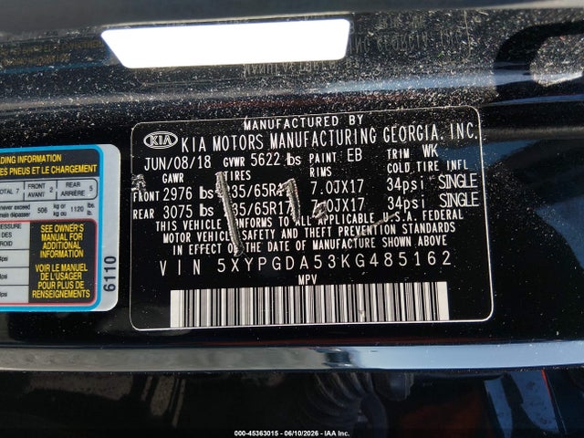 Aukcja sprzedaży 2019 Kia Sorento 3.3l Lx, vin: 5XYPGDA53KG485162, numer aukcji: 45363015