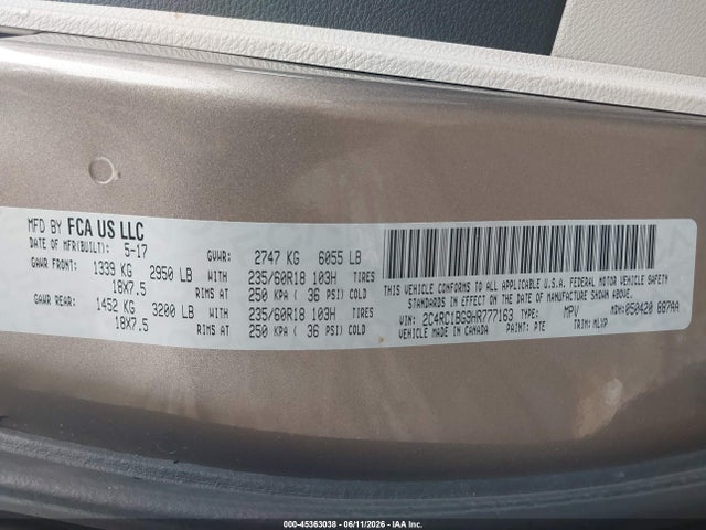 Продаж на аукціоні авто 2017 Chrysler Pacifica Touring-l, vin: 2C4RC1BG9HR777163, номер лоту: 45363038