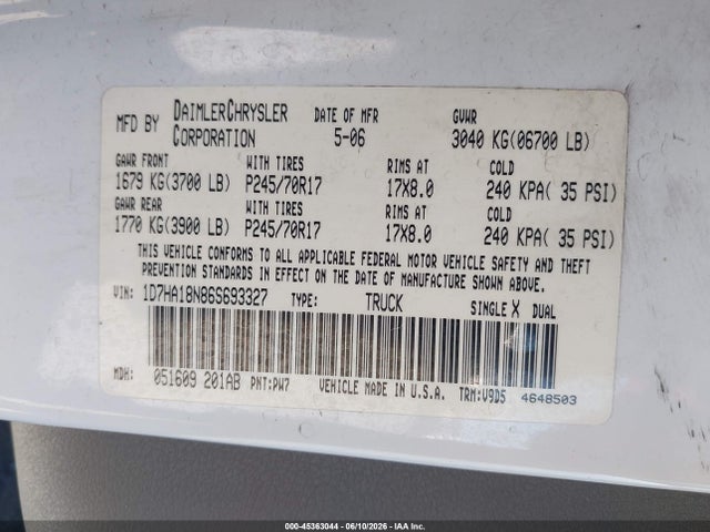 Продажа на аукционе авто 2006 Dodge Ram 1500 Slt, vin: 1D7HA18N86S693327, номер лота: 45363044