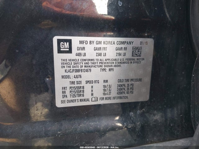 Aukcja sprzedaży 2015 Buick Encore Convenience, vin: KL4CJFSB8FB124679, numer aukcji: 45363048