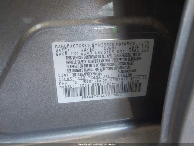 Nissan SENTRA S 2019 3N1AB7AP6KY259560 Image 9