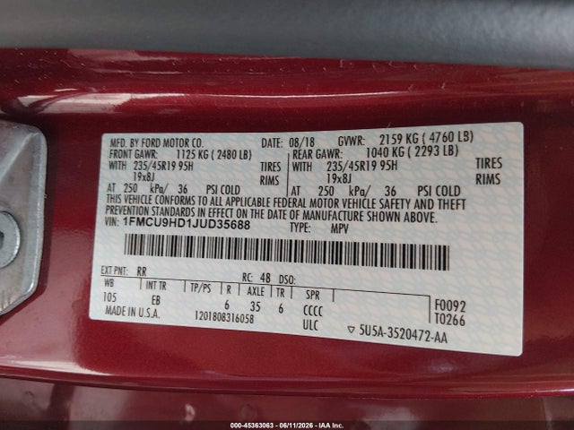 1FMCU9HD1JUD35688 Ford ESCAPE SEL