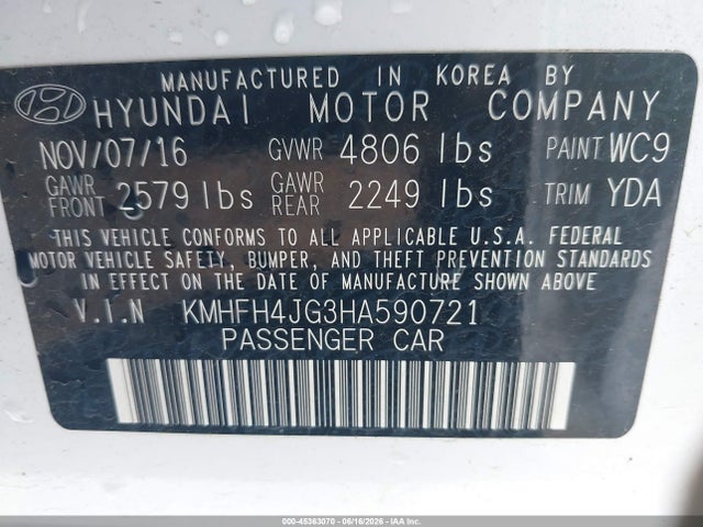 2017 Hyundai Azera Limited მანქანა იყიდება აუქციონზე, vin: KMHFH4JG3HA590721, აუქციონის ნომერი: 45363070