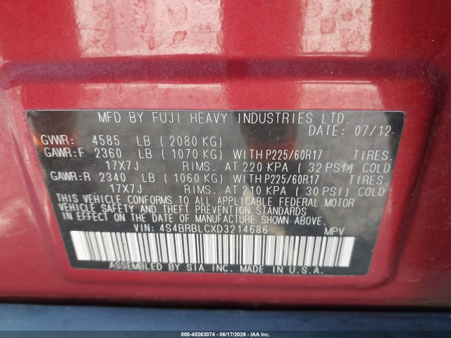 Auction sale of the 2013 Subaru Outback 2.5i Limited, vin: 4S4BRBLCXD3214686, lot number: 45363074