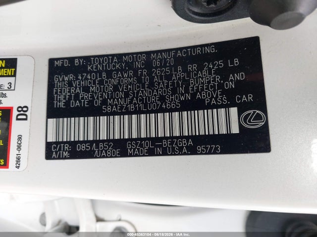 45363104 :رقم المزاد ، 58AEZ1B11LU074665 vin ، 2020 Lexus Es 350 Luxury مزاد بيع