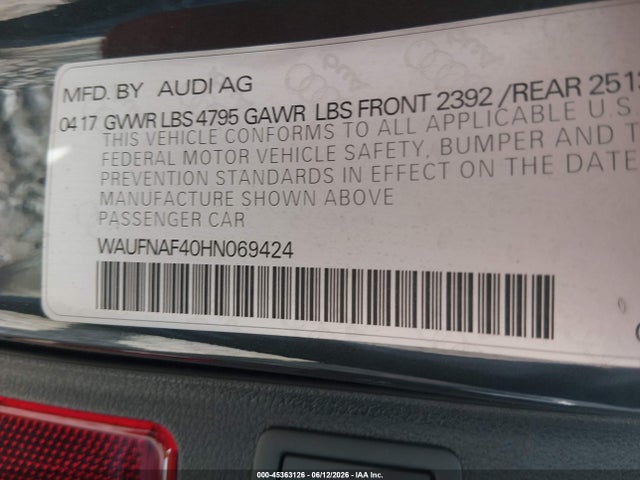 45363126 :رقم المزاد ، WAUFNAF40HN069424 vin ، 2017 Audi A4 Prestige مزاد بيع