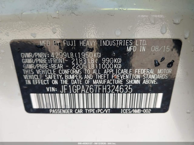 2015 Subaru Impreza 2.0i Sport Limited მანქანა იყიდება აუქციონზე, vin: JF1GPAZ67FH324635, აუქციონის ნომერი: 45363127